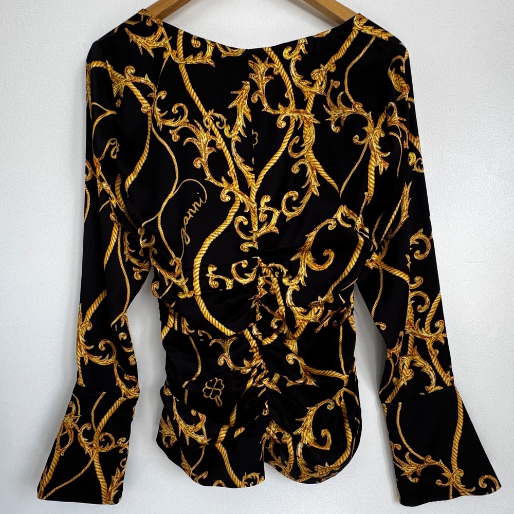 Ganni Silk Stretch Blouse Gathered Fitted Black & Gold Baroque - Picture 4 of 16